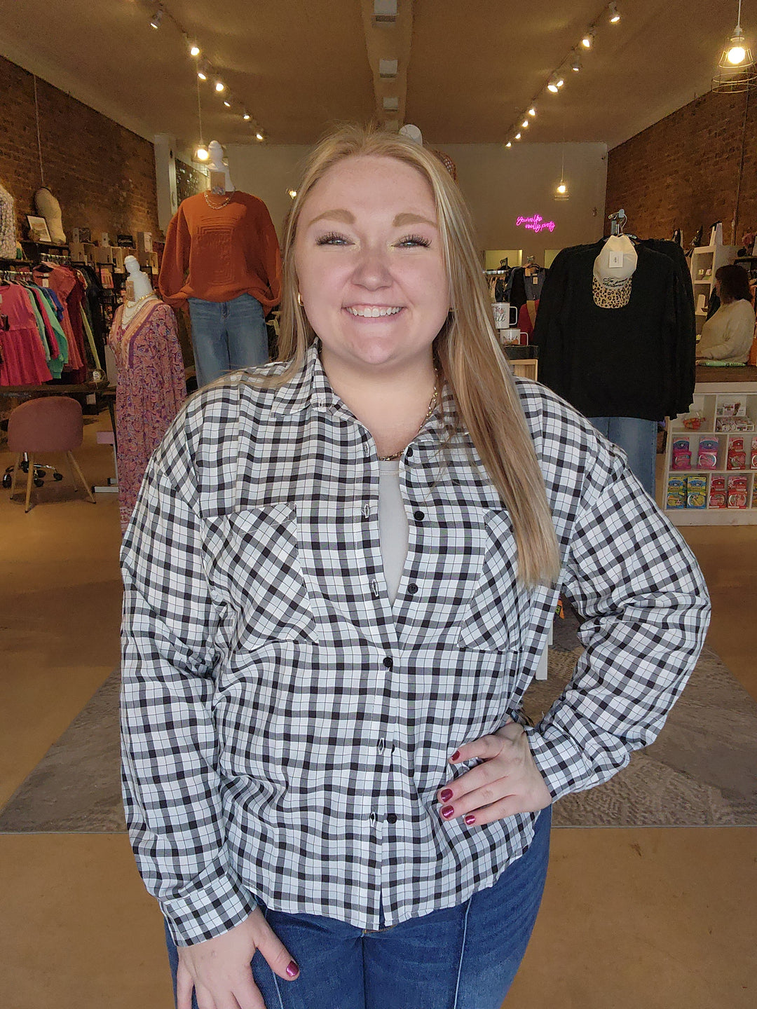 Black & White Plaid Button Top