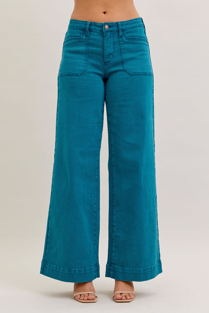 Mid Rise Teal Wide Leg Jeans