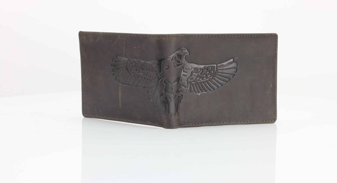 American Bison Bird Embossed Leather Mens Bi Fold Wallet