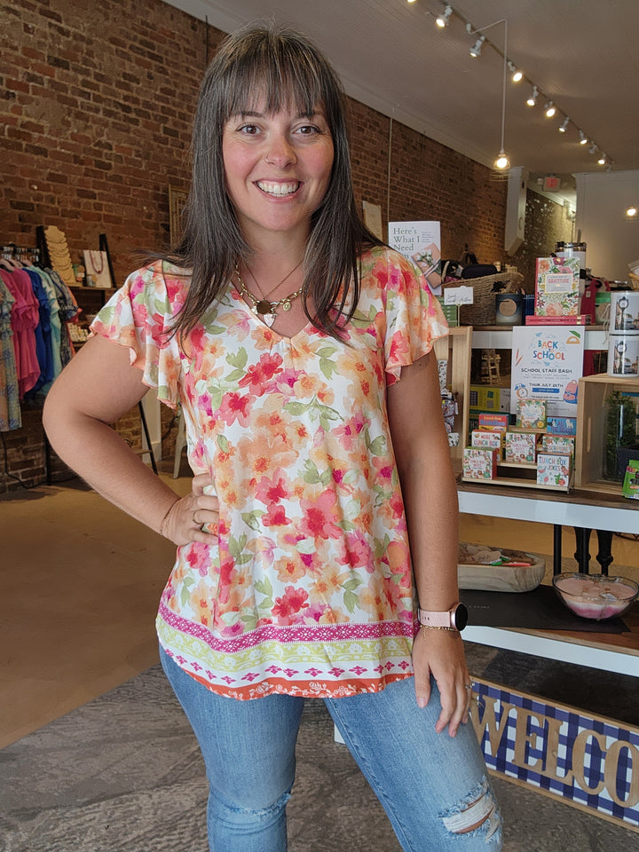 Coral Floral V Neck Blouse