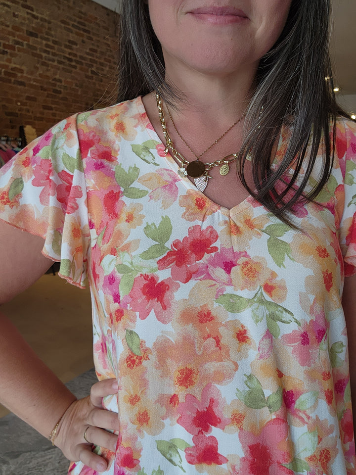 Coral Floral V Neck Blouse