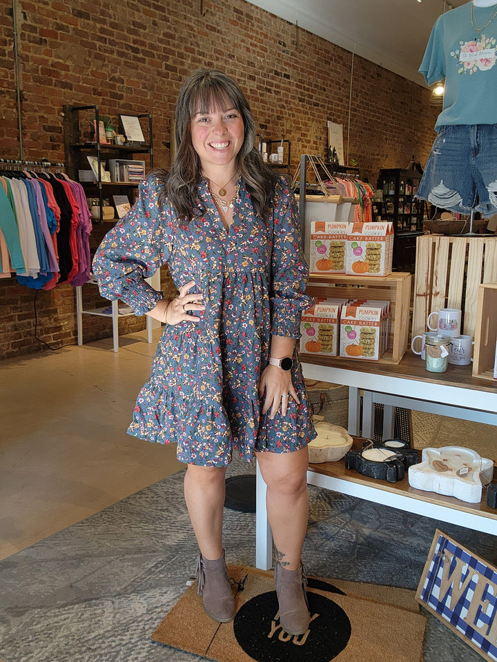 Blue Corded Floral Dress