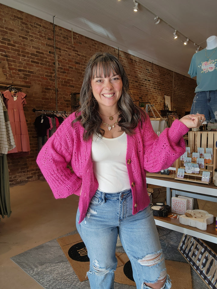 Magenta Oversized Button Cardigan