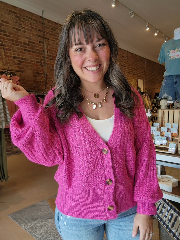 Magenta Oversized Button Cardigan