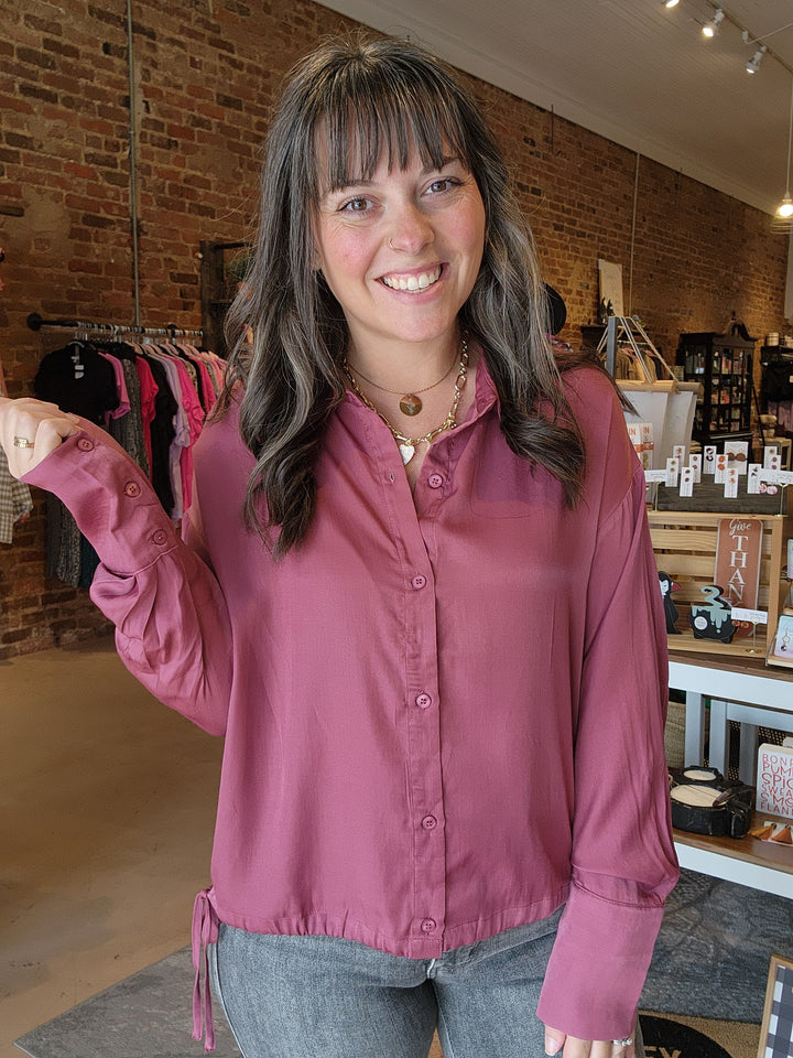 Deep Rose Cinch Button Blouse