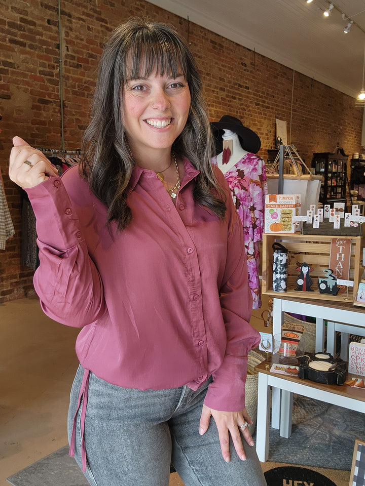 Deep Rose Cinch Button Blouse