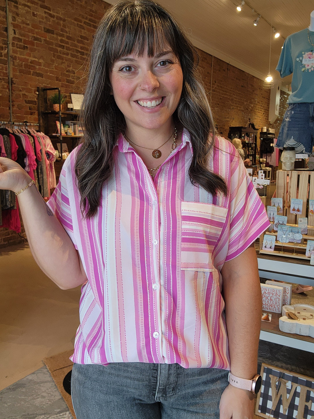 Multi Pink Button Top