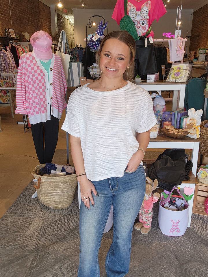 White Waffle Knit Mom Crop