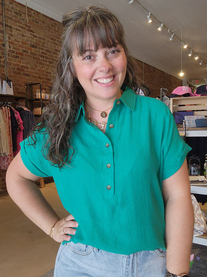Kelly Green Half Button Woven Shirt