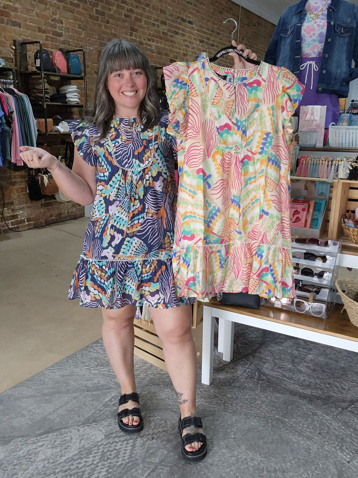 Abstract Print Flutter Sleeve Dress