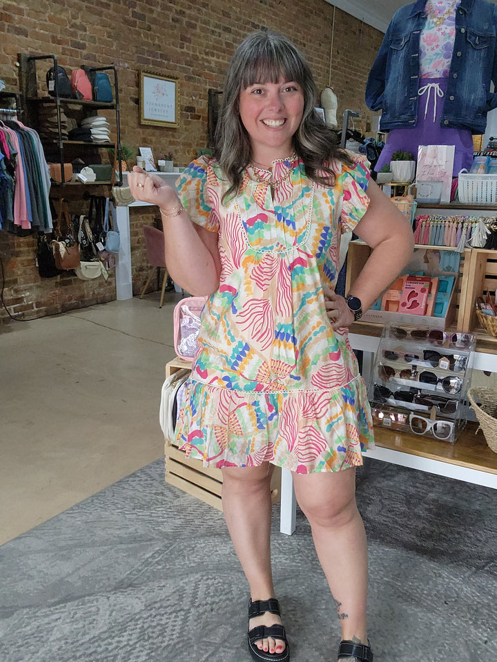 Abstract Print Flutter Sleeve Dress