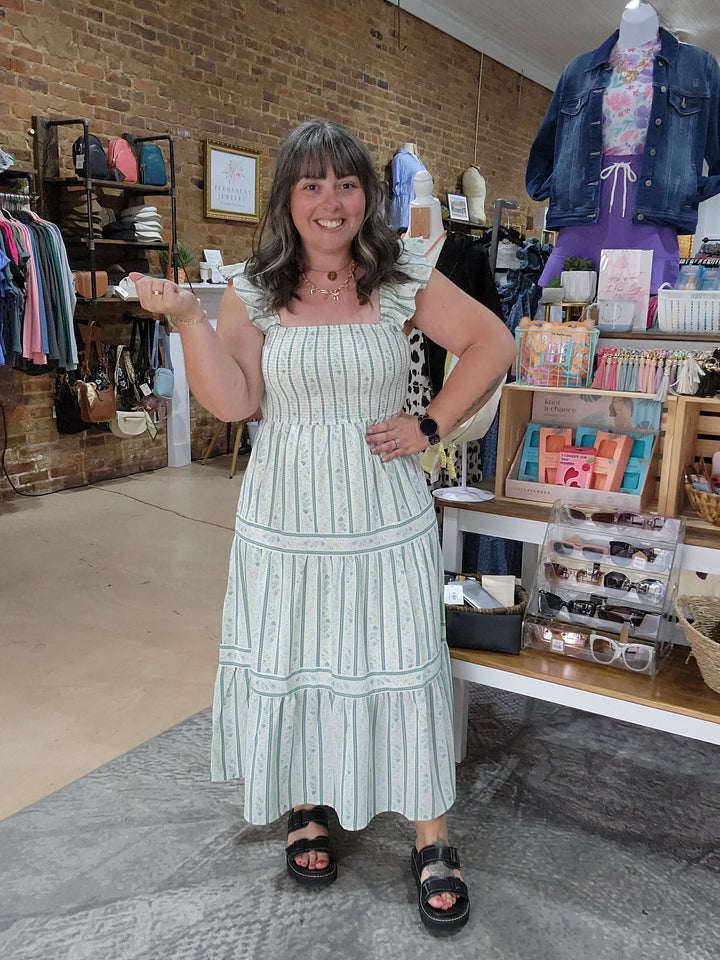 Stripe Floral Smocked Midi Dress