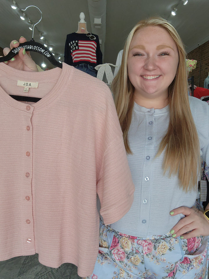 Textured Knit Button Down Short Sleeve Cardigan