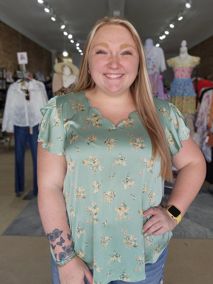 Floral Print Scalloped V-neck Satin Blouse