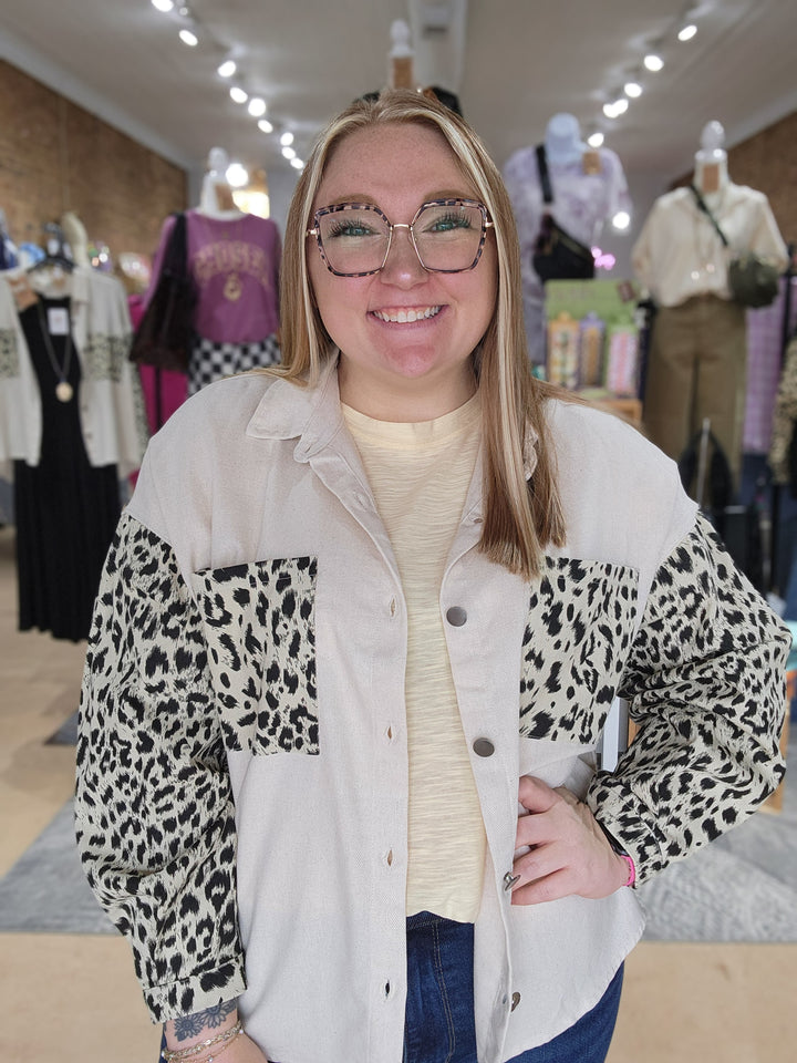 Leopard Sleeve Denim Shacket