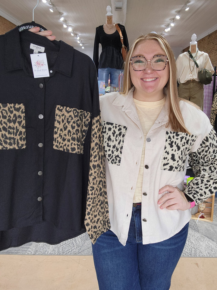 Leopard Sleeve Denim Shacket