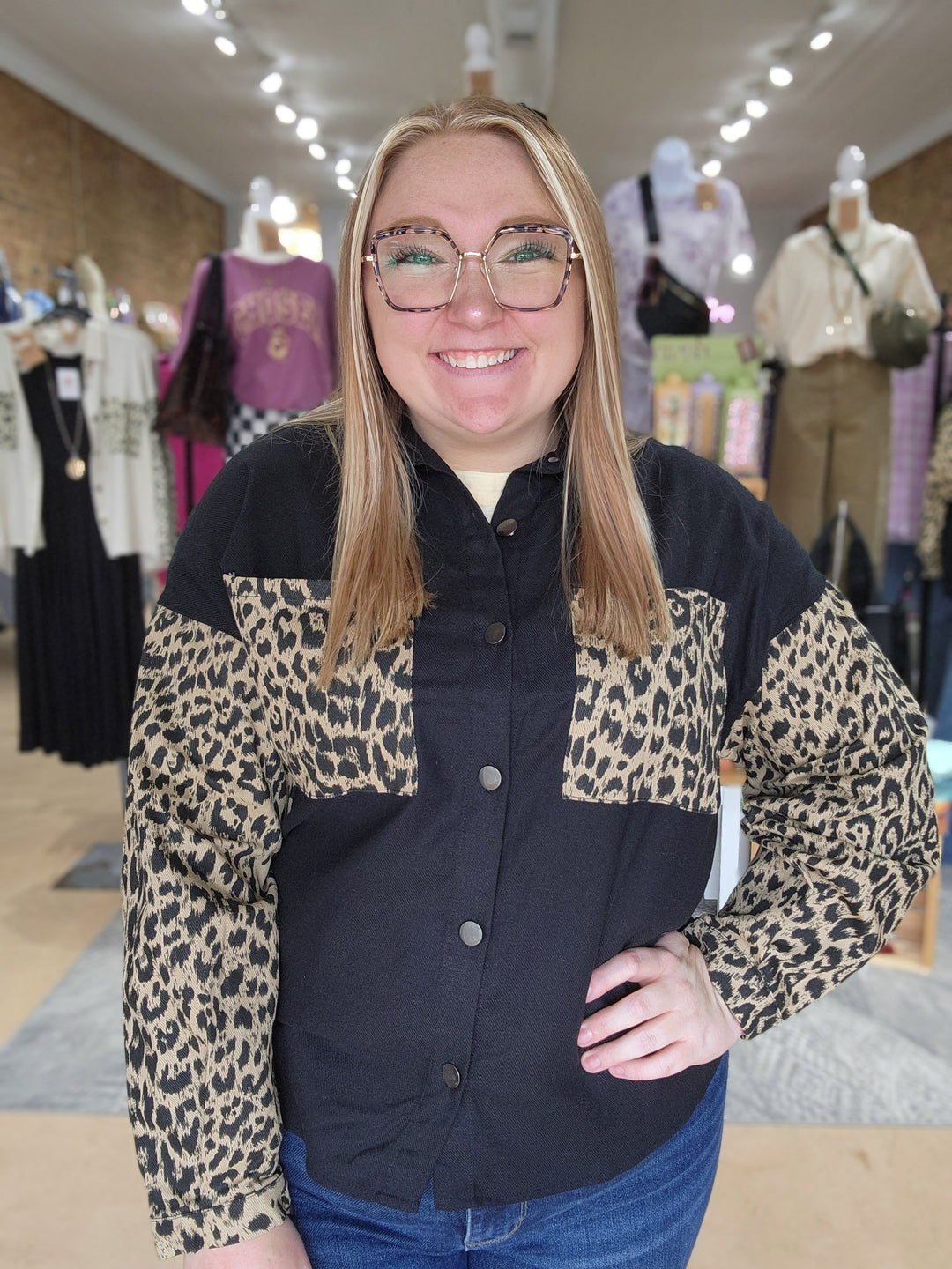Leopard Sleeve Denim Shacket