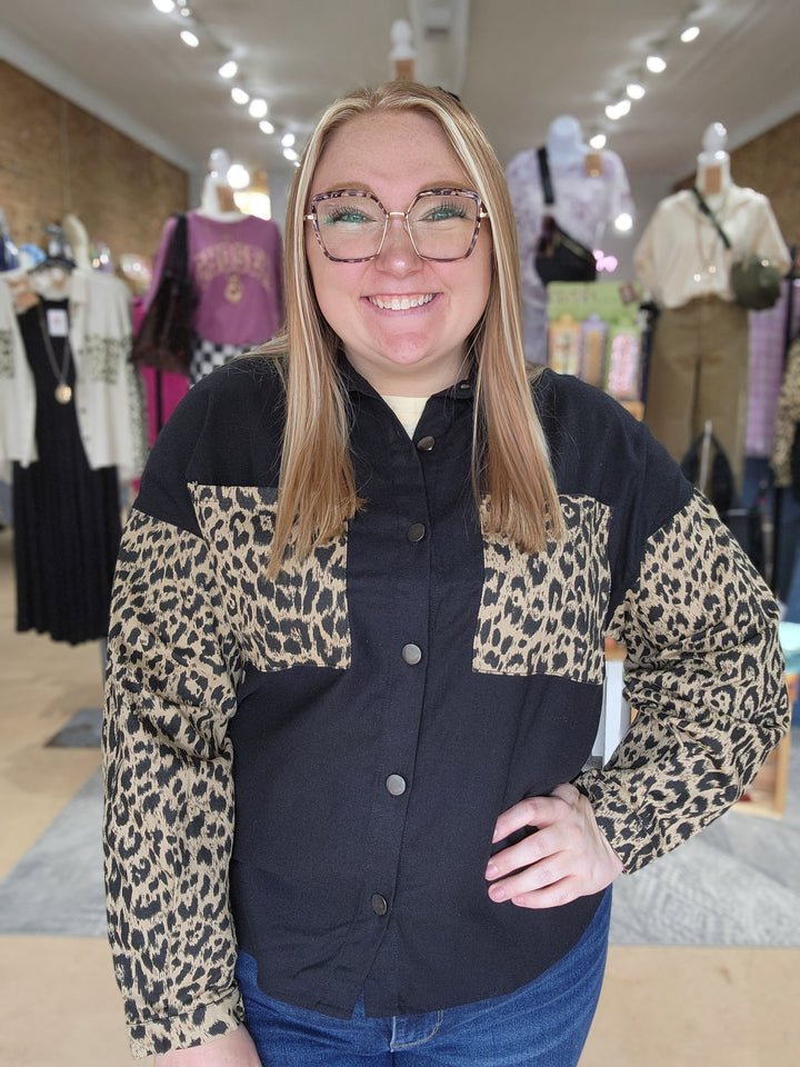 Leopard Sleeve Denim Shacket