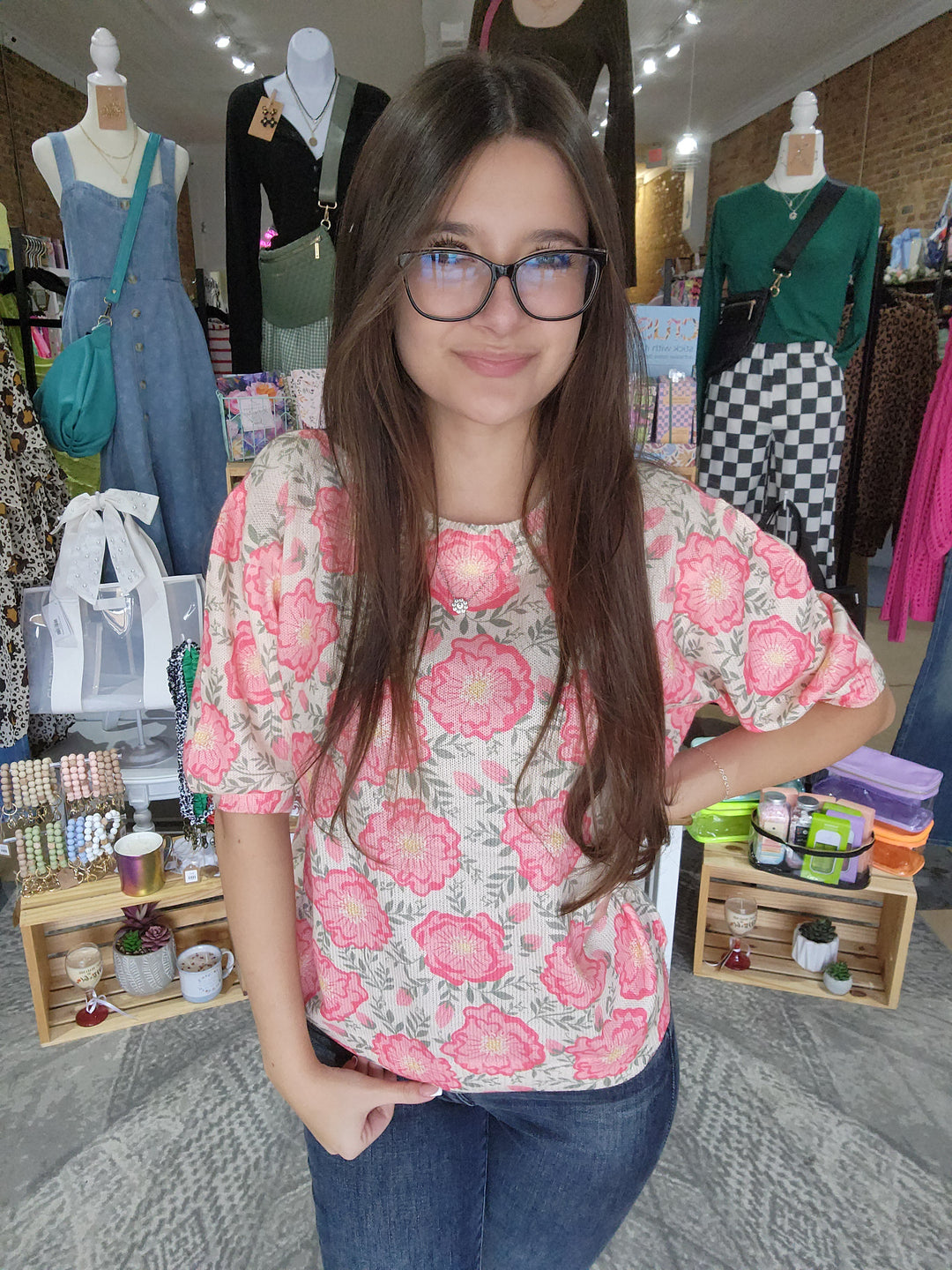 Floral Printed Puff Sleeve Knit Top