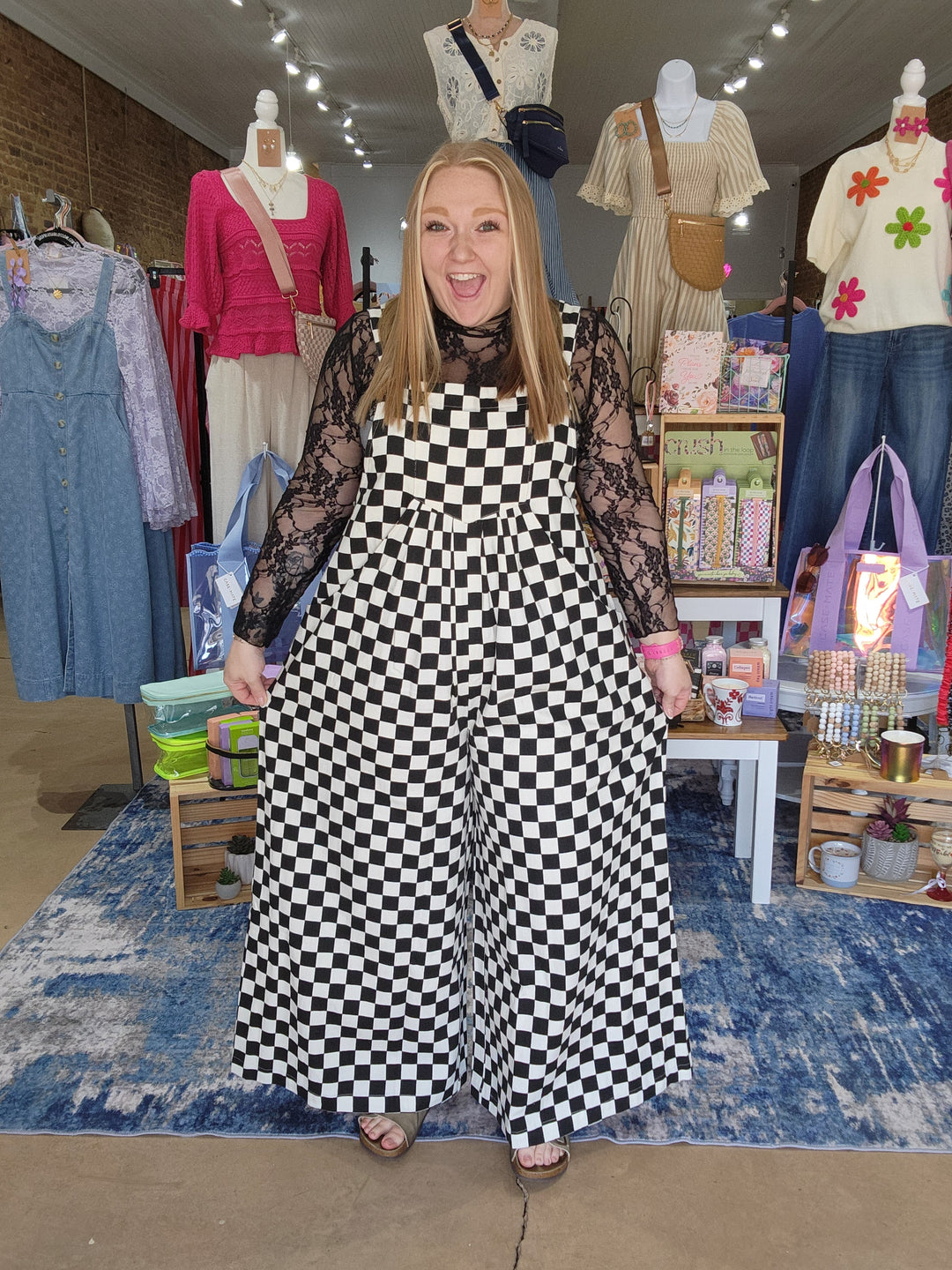 Checkered Wide Leg Overalls