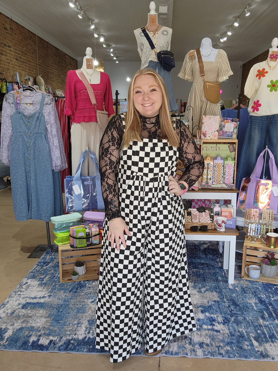 Checkered Wide Leg Overalls