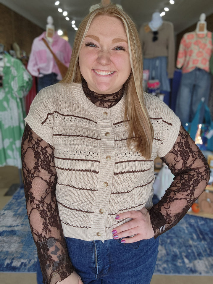 Mocha Stripe Short Sleeve Cardigan