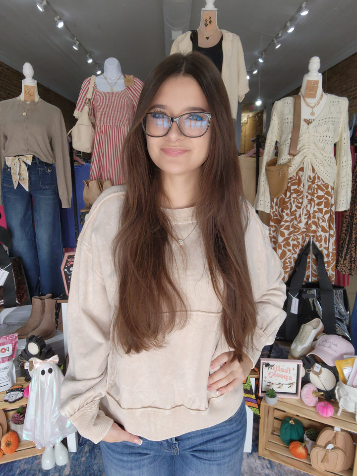 Stone Washed Ecru Pocket Sweatshirt