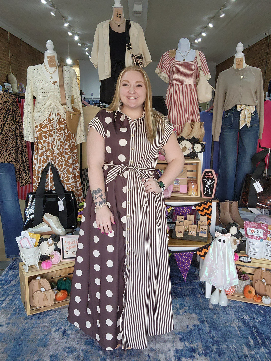 Contrast Dot Stripe Shirt Dress