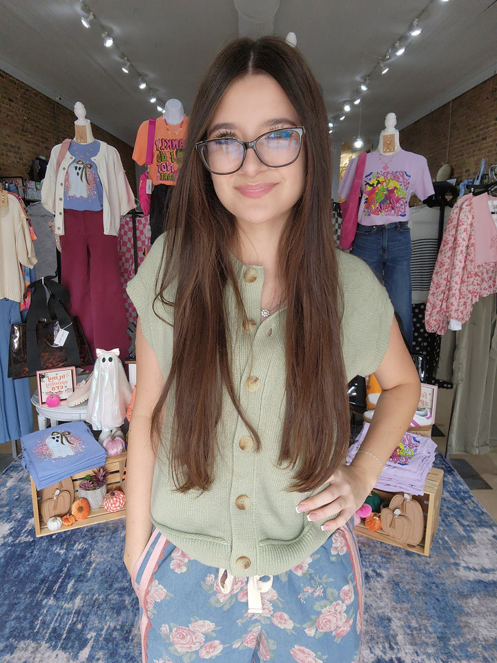 Sage Exposed Seam Short Sleeve Button Cardigan