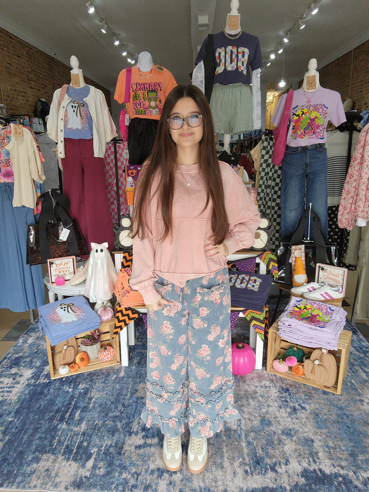 Floral Denim Pants with Ruffle Hem