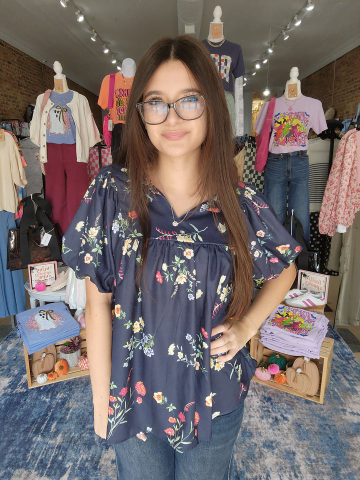 Notch Neck Navy Floral Top
