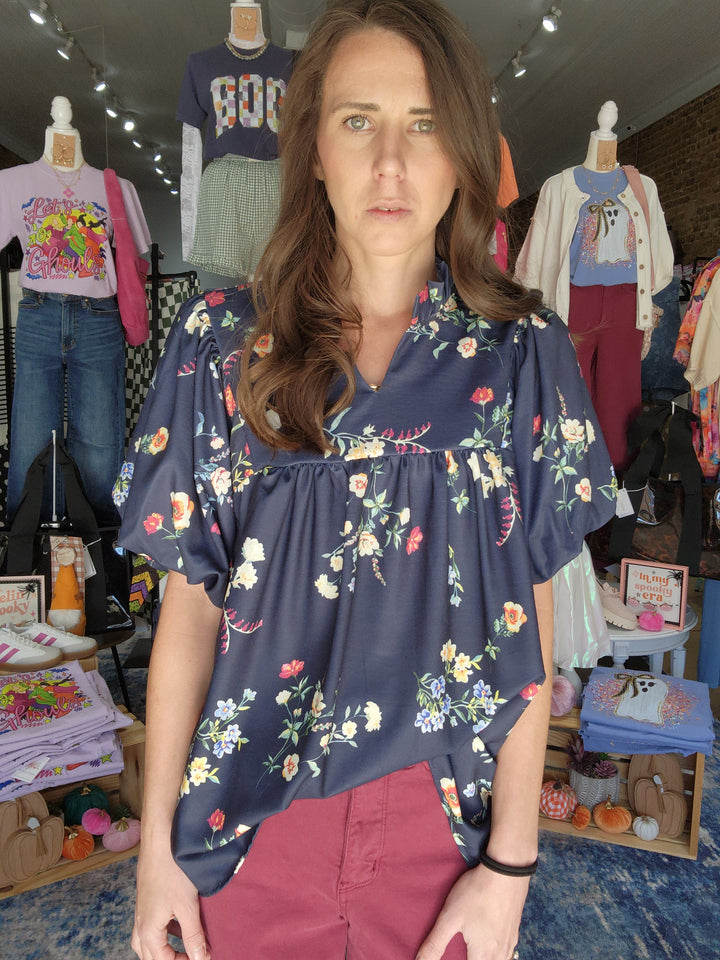 Notch Neck Navy Floral Top