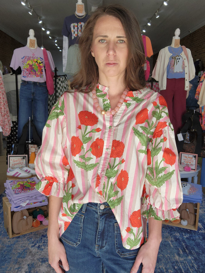 Stripe Floral Button Up Blouse