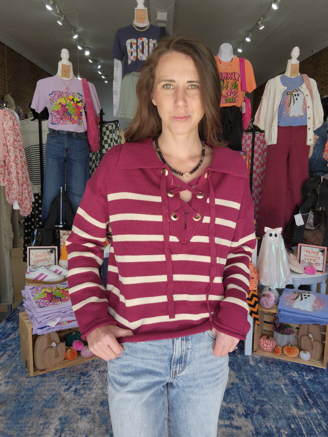 Berry Stripe Lace Up Collar Sweater