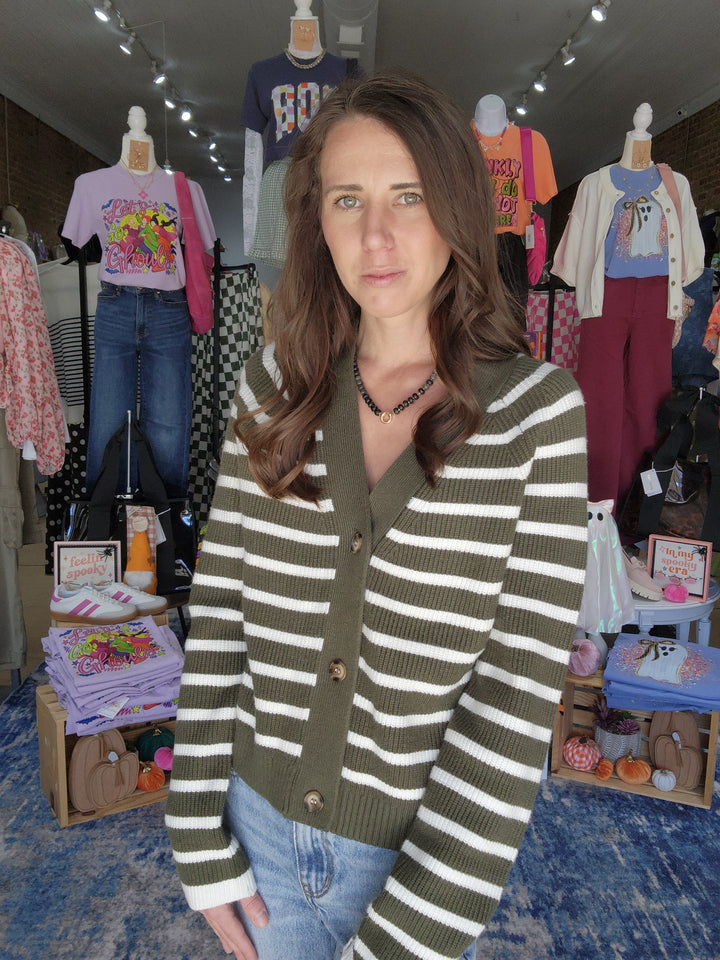 Olive & White Stripe Cardigan