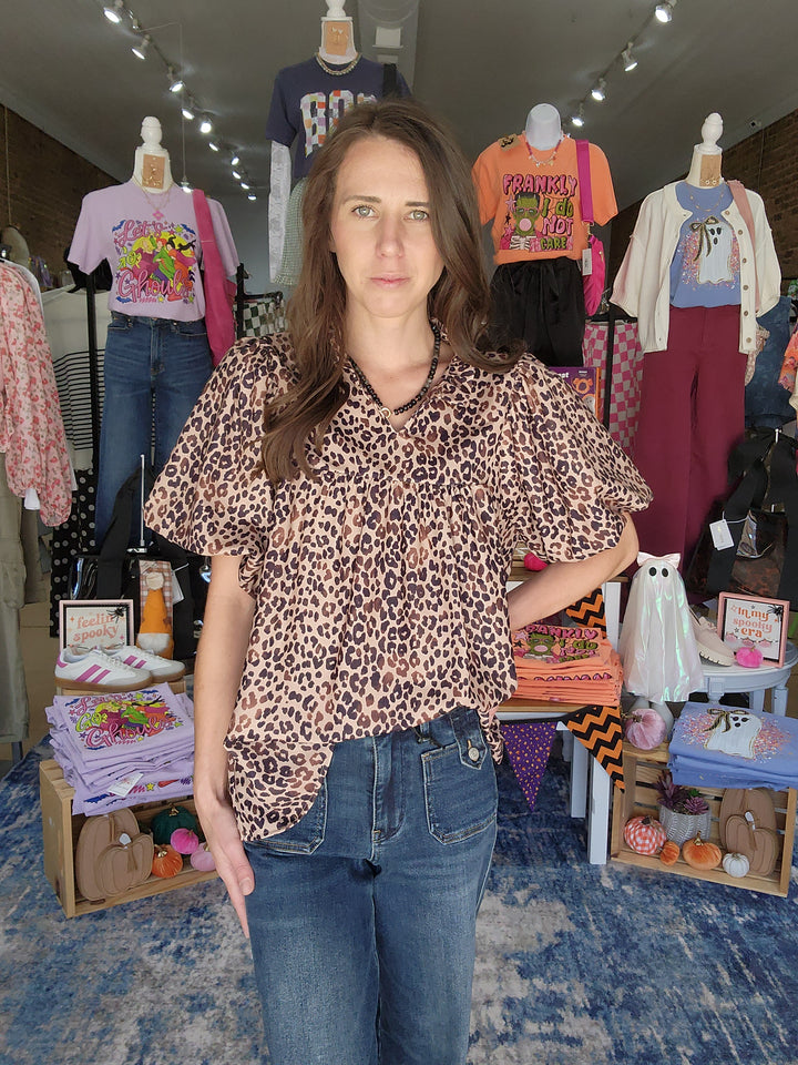 Leopard Ruffle Notch Neck Top