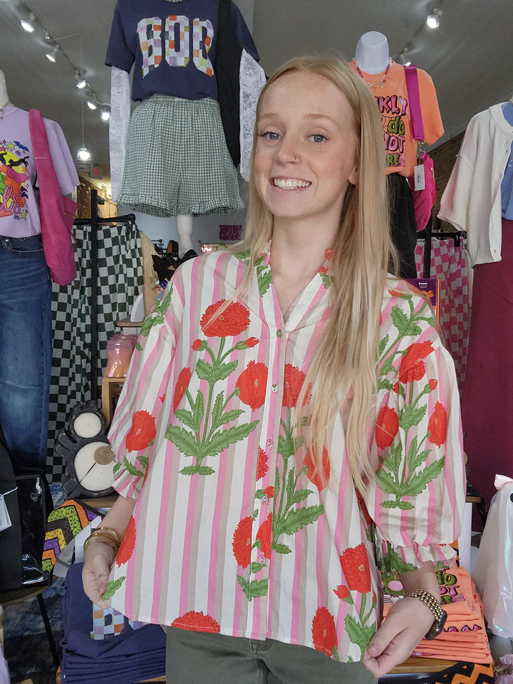Stripe Floral Button Up Blouse