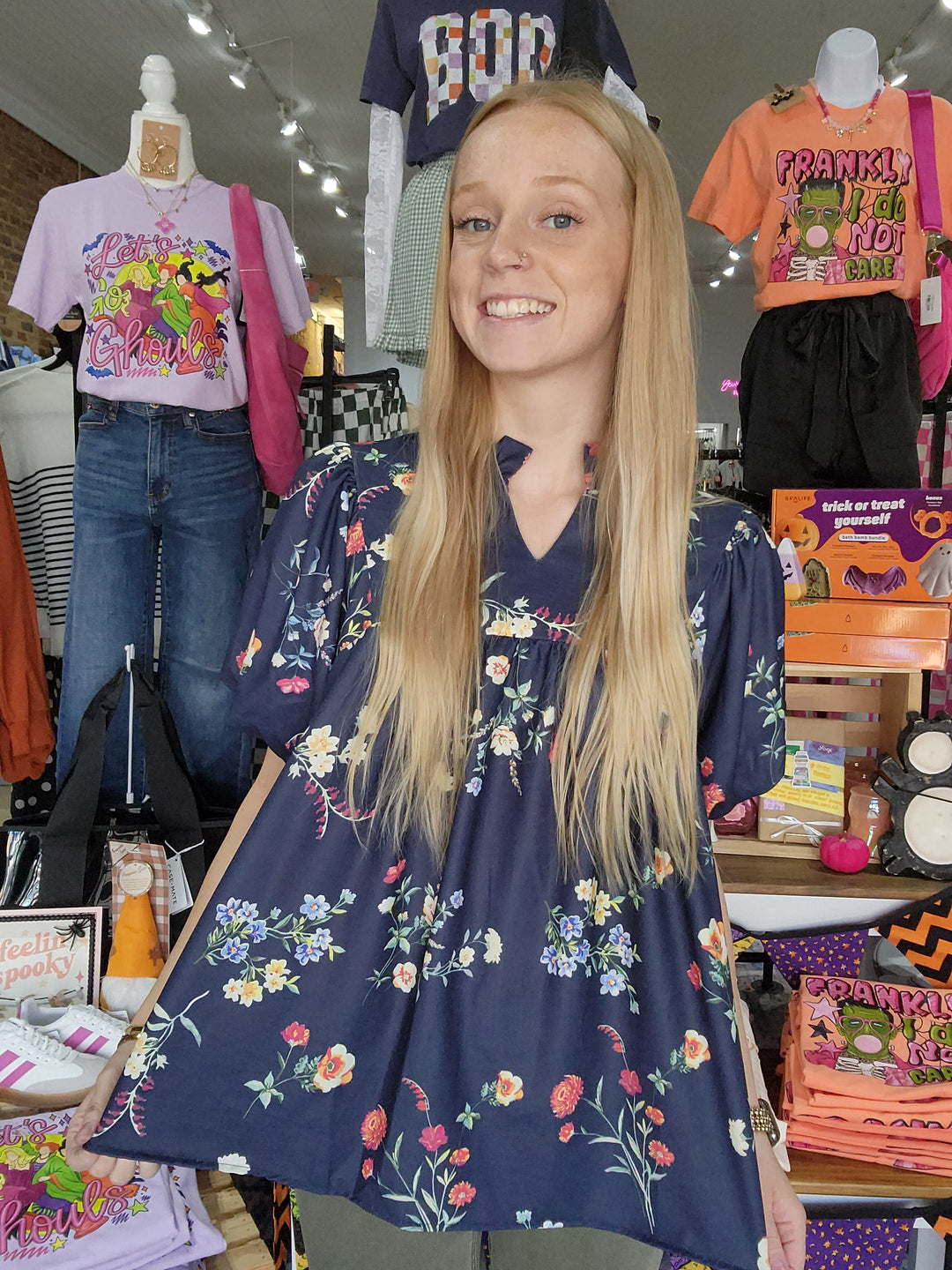 Notch Neck Navy Floral Top