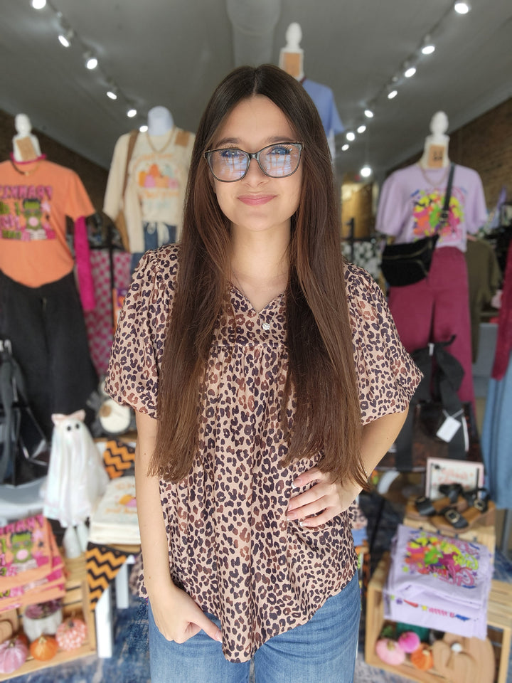 Leopard Ruffle Notch Neck Top