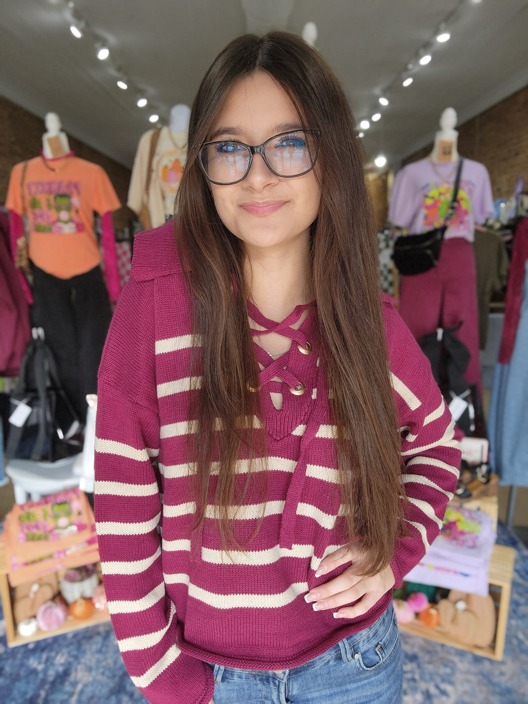 Berry Stripe Lace Up Collar Sweater
