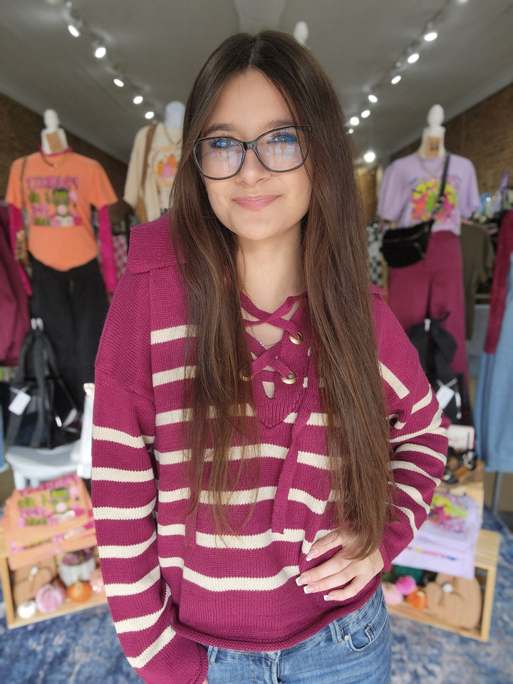 Berry Stripe Lace Up Collar Sweater