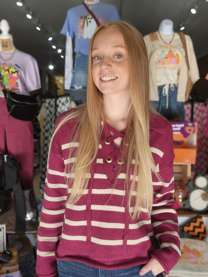 Berry Stripe Lace Up Collar Sweater