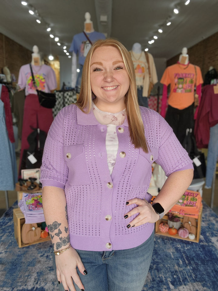 Pointelle Button Up Knit Top