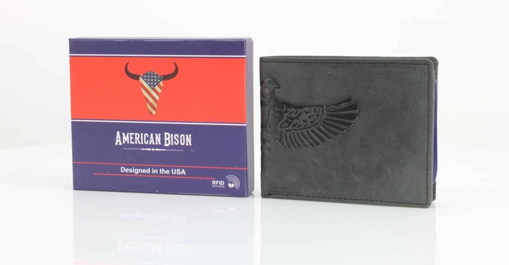 American Bison Bird Embossed Leather Mens Bi Fold Wallet