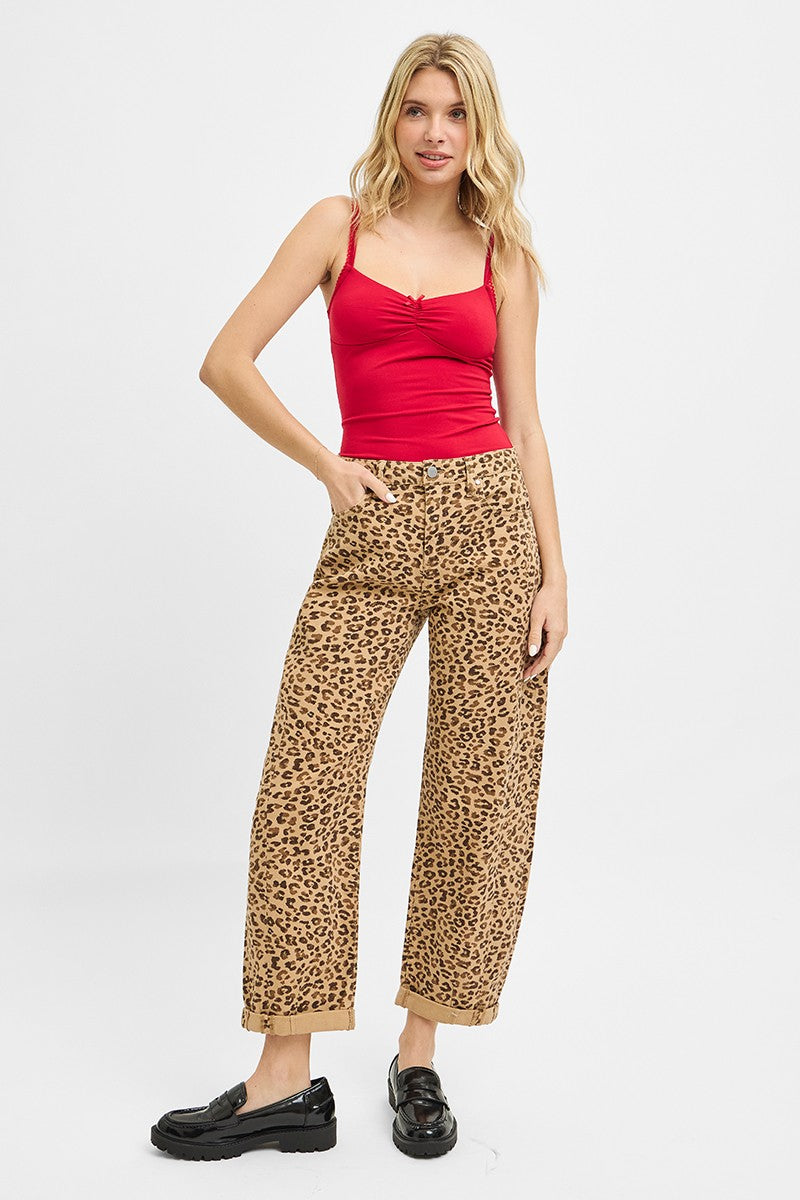 Risen Leopard Cropped Barrel Jeans