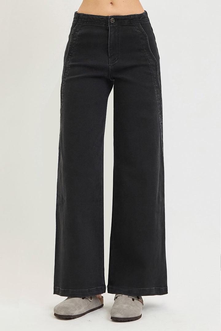 Risen Washed Black Scalloped Wide Jeans