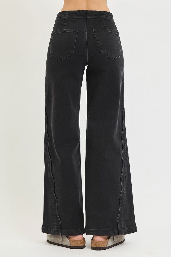 Risen Washed Black Scalloped Wide Jeans