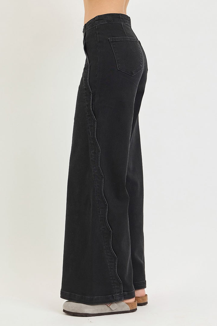 Risen Washed Black Scalloped Wide Jeans