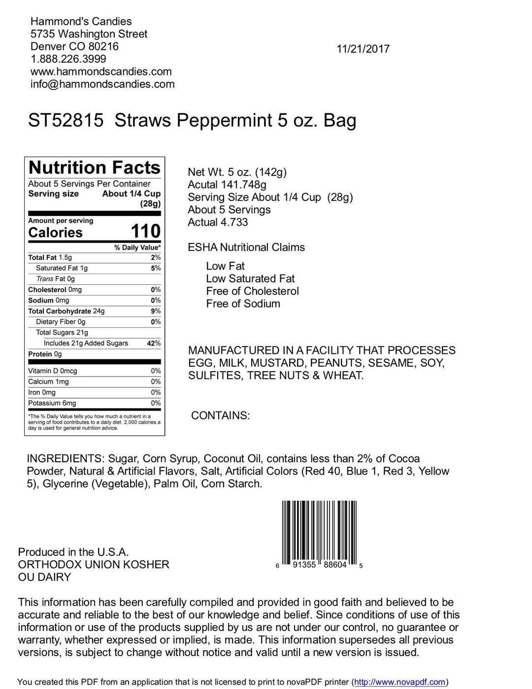 Classic Candy - Filled Straws - Peppermint - 5 oz Gift Bag