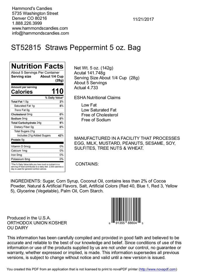 Classic Candy - Filled Straws - Peppermint - 5 oz Gift Bag